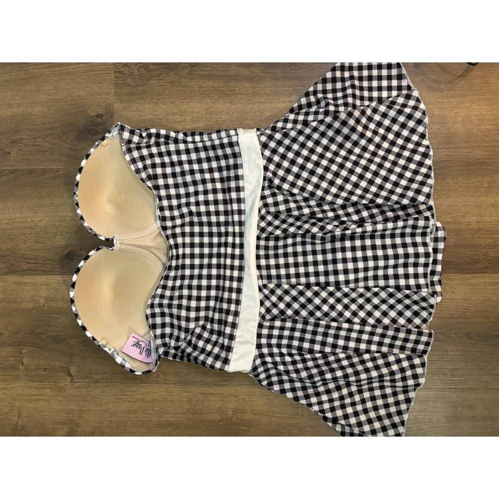 BETTIE PAGE Coral & Jade Black Gingham Skirt One Piece Swimsuit 16 Pin Up - Picture 3 of 6